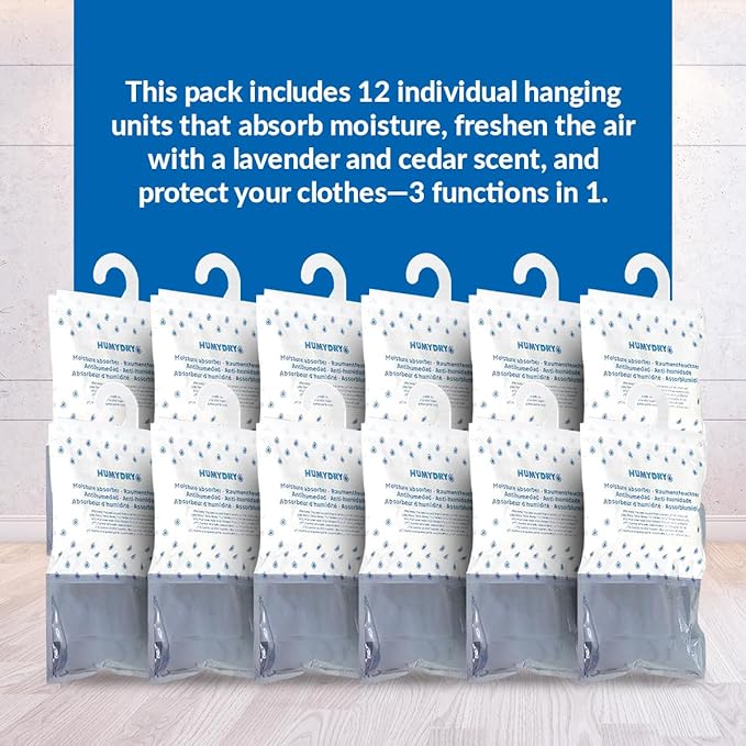 HUMYDRY® - Pack of 12 Hanging Dehumidifier Bags - Moisture Absorbers - 15.9 oz - Lavender and Cedar Scent - For Spaces Up to 200 sq. FT