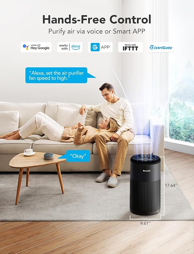 GoveeLife Smart Air Purifier for Home Large Room Up to 1524 sq.ft, with Washable Filter, Integrated PM 2.5 Air Quality Sensor, Smart WiFi, H13 True HEPA Air Purifier for Wildfire, Odors, 24dB, Black