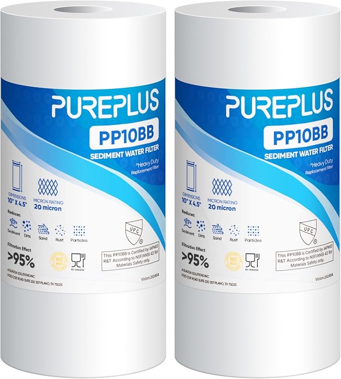 PUREPLUS 20 Micron 10" x 4.5" Whole House Sediment Home Water Filter Replacement Cartridge for Culligan RFC-BBSA, HD-950, WFHD13001B, W15-PR, GXWH30C, GXWH35F, Aqua-Pure AP817, PP10BB, 2PACK
