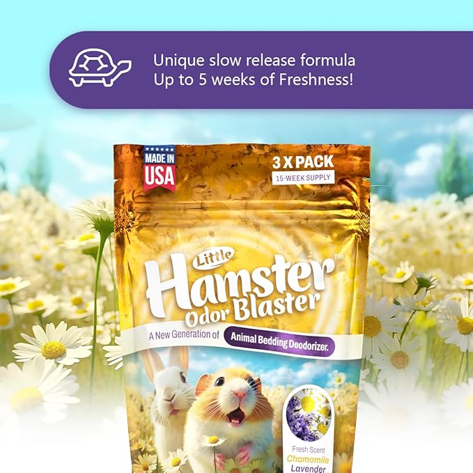 Hamster Odor Blaster | a New Generation Of Animal Bedding Deodorizer | Unique Slow Release Formula | Natural Fresh Scent - Lavender & Chamomile | Up to 15 Weeks Supply | 3 x 0.5oz bags