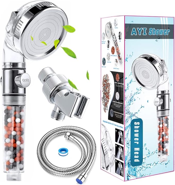 AYI Filtered Showerhead with Bracket Metal Hose High Pressure Handheld Shower Purifying Hard Water Softener Chlorine Flouride Filter Multi Modes Changeable Shower head Fresh Dry Skin & Hair Loss