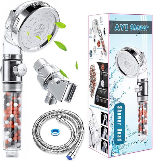 AYI Filtered Showerhead with Bracket Metal Hose High Pressure Handheld Shower Purifying Hard Water Softener Chlorine Flouride Filter Multi Modes Changeable Shower head Fresh Dry Skin & Hair Loss
