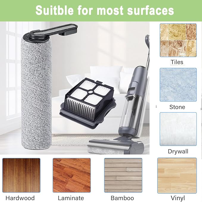 Brush and Filters Replacement Parts Accessories Compatible for Tineco Floor ONE S5/Floor One S5 Pro Cordless Vacuum Cleaner, 4 Roller Brushes, 4 Filters