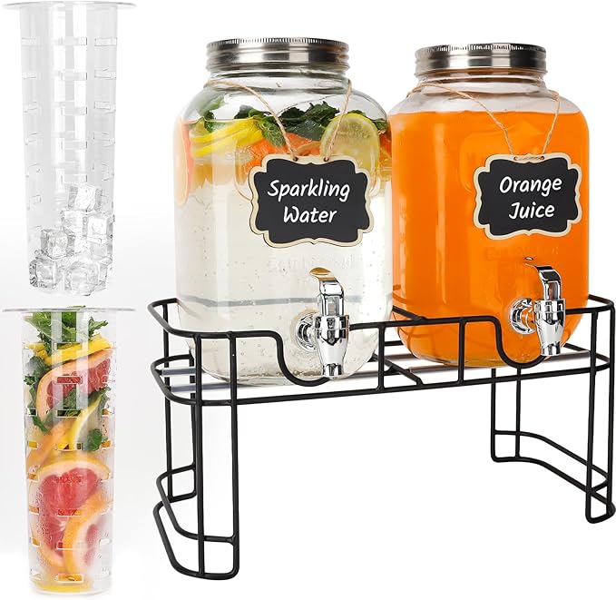 1 Gallon Glass Drink Dispensers, 2 Pack Clear Beverage Dispenser with Stand and Spigot for Parties, Drink Dispenser with Ice Core and Sticker for BBQ, Picnic, Lemonade Dispenser