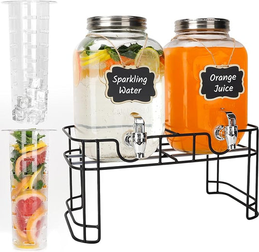 1 Gallon Glass Drink Dispensers, 2 Pack Clear Beverage Dispenser with Stand and Spigot for Parties, Drink Dispenser with Ice Core and Sticker for BBQ, Picnic, Lemonade Dispenser