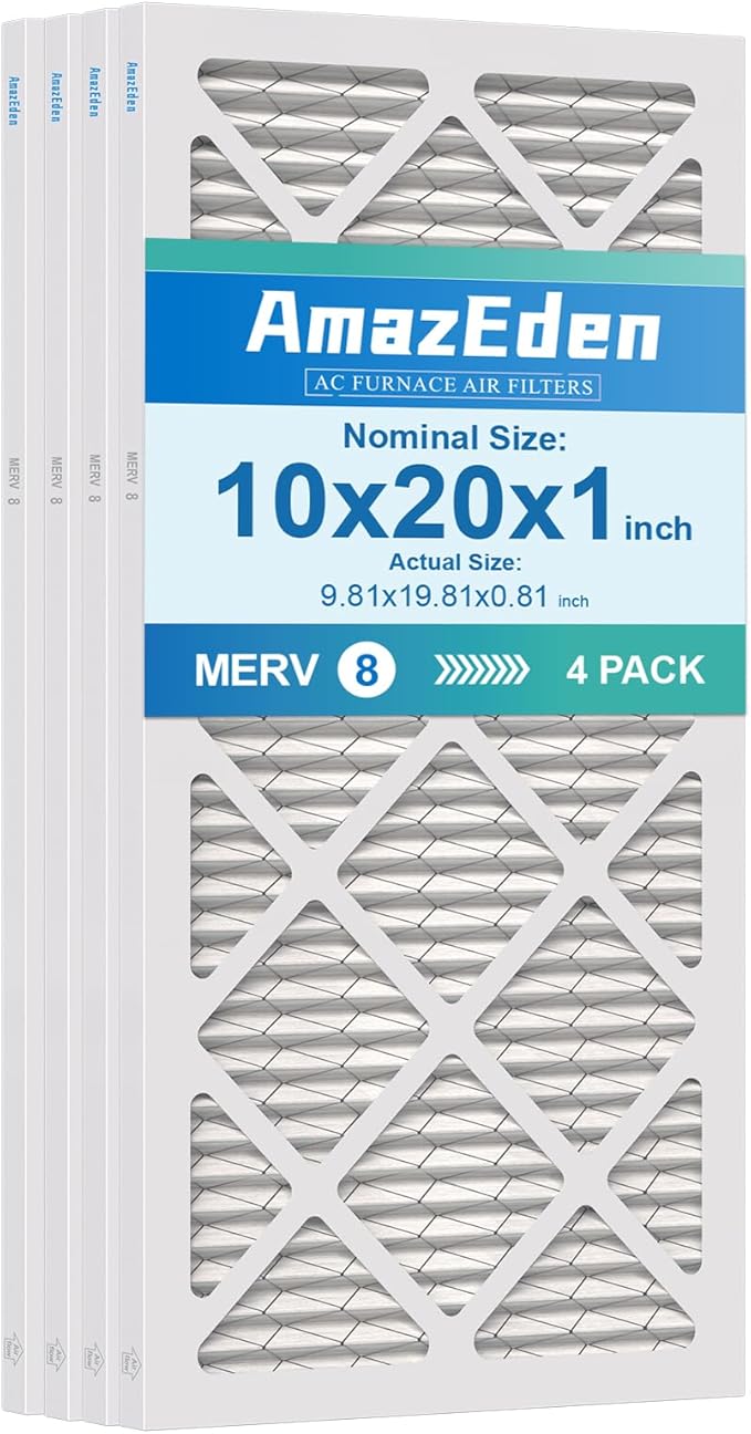 10x20x1 Air Filter MERV 8 (4-Pack) MPR 600 FPR 5 HVAC AC Furnace Pleated Filters for Home Dust Defense Replacement (Actual Size: 9.81x19.81x0.81 Inches)