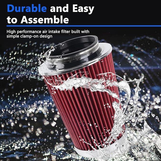 4-Inch Cold Air Intake Filter - Washable, High Performance, 3" or 3-1/2" or 4" Clamp-On Replacement Air Filter Red (8" Tall)