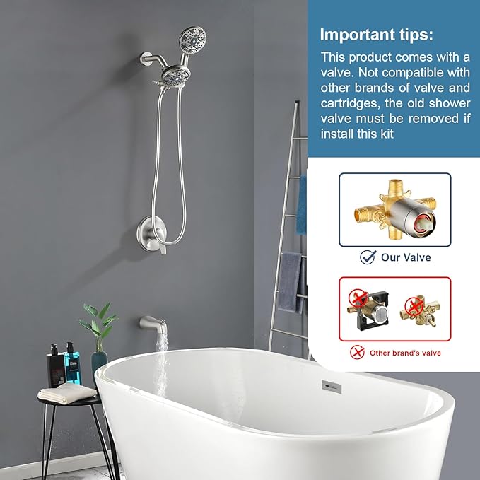 Tub and Shower Faucet Set Complete Dual Shower Head and Handheld 2 in 1 Combo Set Shower System with Tub Spout Tub and Shower Trim Kit Brushed Nickel