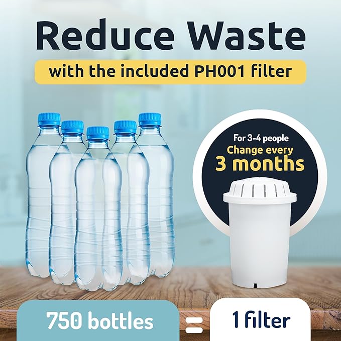 Invigorated Water pH Recharge Alkaline Water Filter Dispenser – BPA-Free Glass Countertop Water Filter Pitcher Purifier for Home & Office, 36-Cup Capacity, 360L Long Filter Life (Bamboo/Marble)