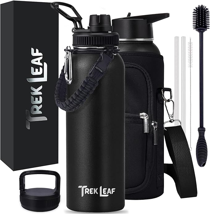 Travel Water Bottle with Carrying Bag, 3 Lids (Spout, Straw, Handle), and Bottle Brush; Leak Proof, Quality, Vacuum Insulated, Stainless Steel (Black, 40 oz)