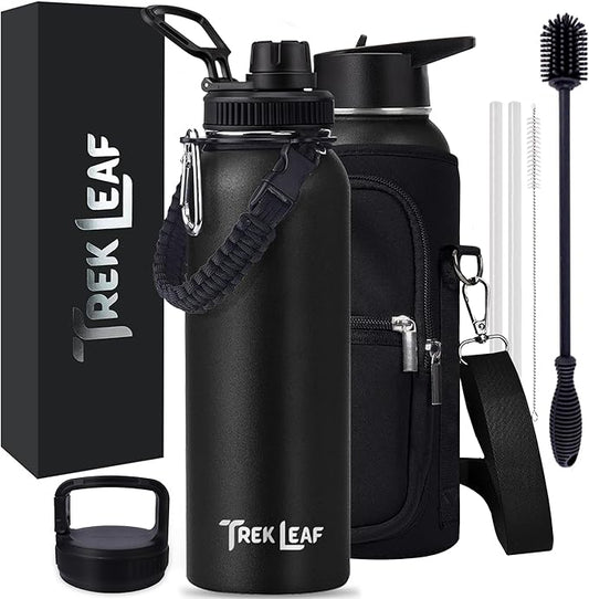 Travel Water Bottle with Carrying Bag, 3 Lids (Spout, Straw, Handle), and Bottle Brush; Leak Proof, Quality, Vacuum Insulated, Stainless Steel (Black, 40 oz)