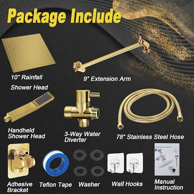 10'' Square Rain Shower Heads with Handheld, High Pressure Shower Head Combo with 11'' Adjustable Extension Arm, All Metal Shower Wand with 78'' Anti-Leak Shower Hose, 3 Way Diverter Valve, Gold