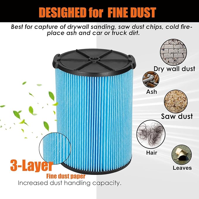 VF5000 Replacement Filter for Ridgid Shop Vacuums 5-20 Gallon, Universal Fine Dust Filter Fits Rigid Wet Dry Vac/Husky Shop Vacuum Filter 6-9 Gallon with Foam Sleeves- 2 Pack