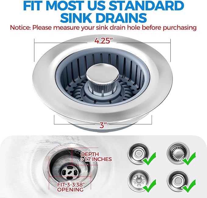 Kitchen Sink Drain Strainer - 3Pack Sink Stopper, Drain Protector, Kitchen Drain Plug & Sink Installation Parts with Anti-Clogging Basket, Fit US Standard 3-1/2'' Sink Drain Hole, Silver