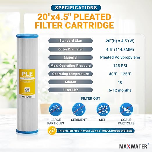 20 x 4.5 Whole House 1 Stage PP Pleated Sediment Filter System w/ 1" NPTF Port Housing Head Includes 10 Micron Pleated Sediment filter, Gauge & Bracket BB-20B WH100SP WDS150K CB1-CAB20-BB DB20P