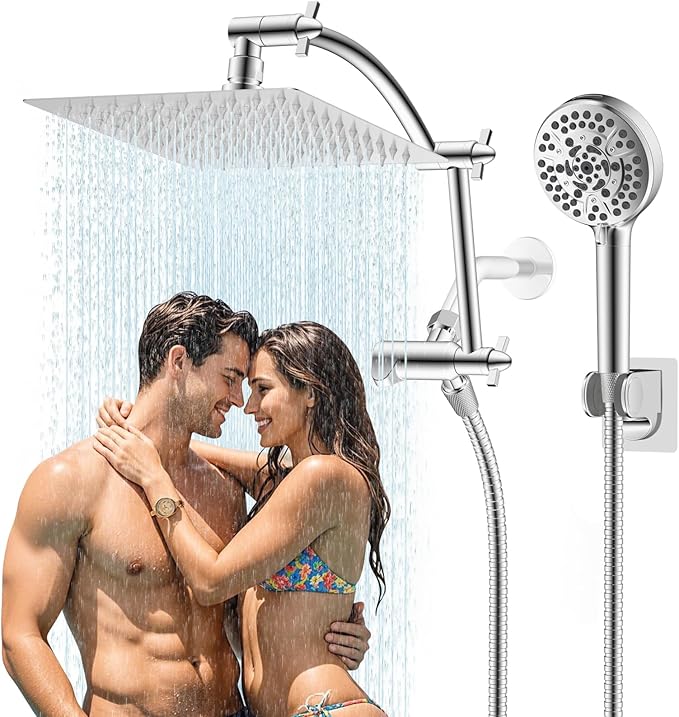 Hibbent All Metal Shower Head, 8'' High Pressure Rain Shower Head/Handheld Showerhead Combo with 16'' Adjustable Arc-shaped Extension Arm, 10 Sprays, 71'' Hose, Adhesive Showerhead Holder, Chrome