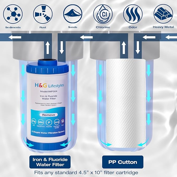 H&G Lifestyles Whole House Water Filter System,2 Stage Home Water Filtration with Carbon Sediment Filters, Remove Chlorine Odor Heavy Metal Lead Sediment for Drinking Water,4.5" x10“ Cartridge