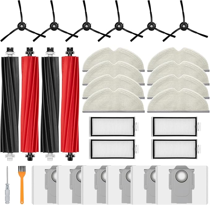 28 Pack Accessories Compatible with Roborock Q5 Pro/Q5 Pro+,Q8 Max/Q8 Max+ Vacuum Robot,Parts Include:2 Dual Roller Brush,6 Side Brush,4 HEPA Filter,8 Mop Cloth,6 Dust Bag,1 Cleaning Tool&1 Screwdrive