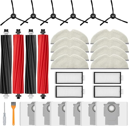 28 Pack Accessories Compatible with Roborock Q5 Pro/Q5 Pro+,Q8 Max/Q8 Max+ Vacuum Robot,Parts Include:2 Dual Roller Brush,6 Side Brush,4 HEPA Filter,8 Mop Cloth,6 Dust Bag,1 Cleaning Tool&1 Screwdrive
