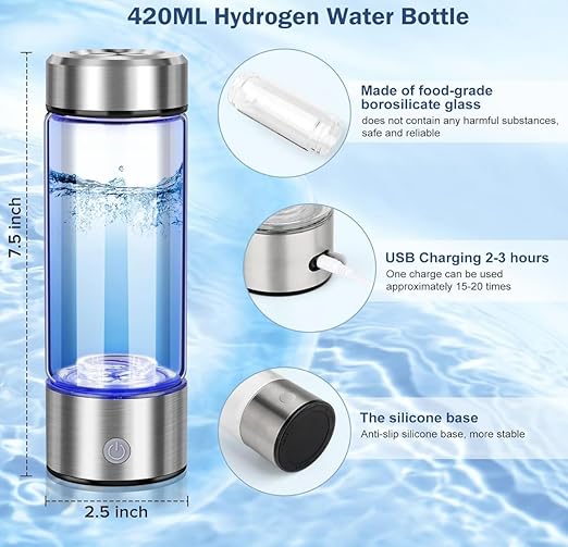Premium Molecular Hydrogen Water Bottle Generator - 1700 PPB Glass Portable Hydrogen Water Machine with SPE/PEM Technology, Rechargeable Hydro Health Bottle, Hydrogen Water Ionizer, Hydro Water Bottle