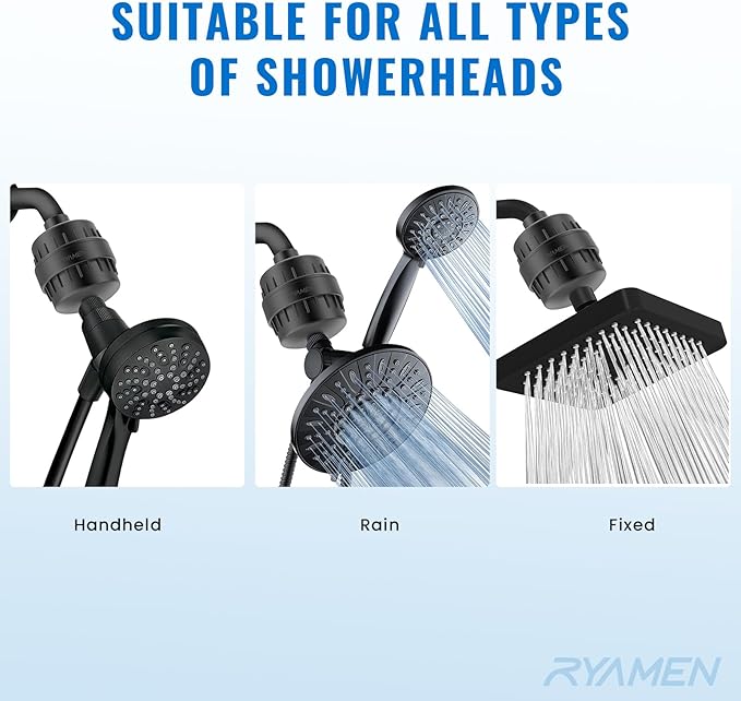 Ryamen Heavy Duty Shower Filter, Shower Water Filter, 99% REMOVAL Shower Head Filter for Hard Water, Heavy Metals, Chlorine (1 Cartridge, Black)