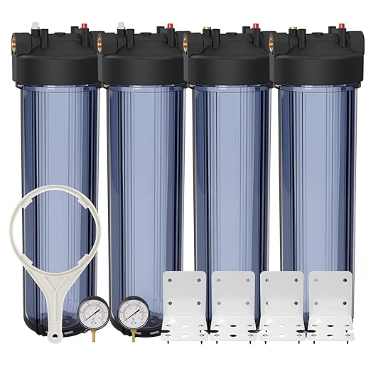 Max Water Whole House 20" x4.5" Purple Clear WH Water Filter Housing 1 inch Inlet/Outlet Ports with Pressure Gauge Wrench and Bracket (4 Housing + 2 Pressure Gauge)