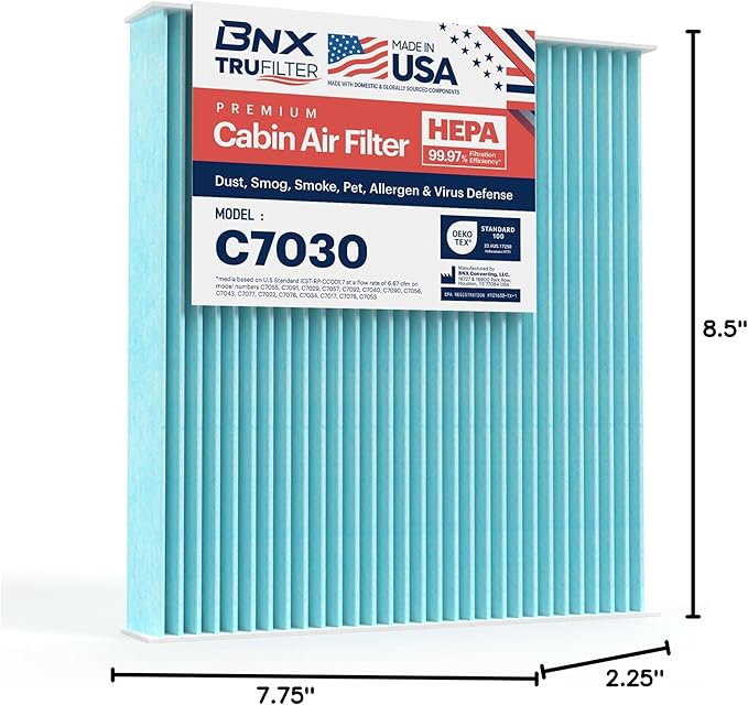 BNX TruFilter C7030 Cabin Air Filter, HEPA 99.97%, MADE IN USA, Compatible With Nissan: Altima, Maxima, Murano, Sentra; Infiniti: FX35, FX45, G35, G37, M45, Q45; Mitsubishi: Lancer, Outlander Sport