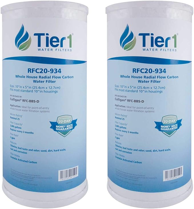 Tier1 25 Micron 10 Inch x 4.5 Inch | 2-Pack Whole House Radial Flow Carbon Block Water Filter Replacement Cartridge | Compatible with Pentek RFC-BB, FXHTC, 155141-43, WRC25HD, Home Water Filter