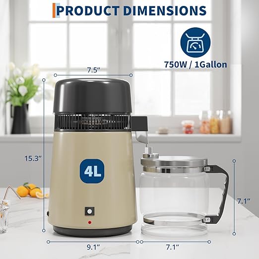 GarveeHome Water Distillers for Home Countertop, 1Gal/4L Stainless Steel Distilled Water Machine with Glass Container, 750W Desktop Drinking Purifier Filter Distilling Kit, Gold