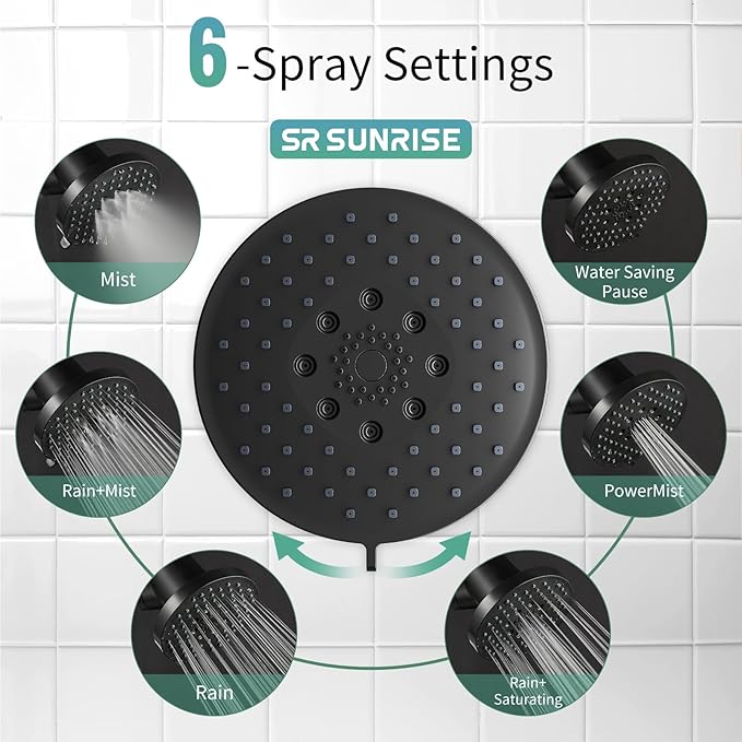 SR SUN RISE Filtered Shower Head with Filters- High Pressure Rain Shower Head,with 20-Stage shower Filter,6 Spray Modes for Hard Water Softener, Remove Chlorine & Heavy Metals (Black,5.5 Inch Round)