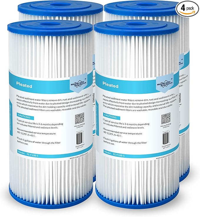 Membrane Solutions 5 Micron Pleated Water Filter Home 10"x4.5" Whole House Heavy Duty Sediment Replacement Cartridge Compatible with ECP10-1,ECP20-BB,R50-BBSA,FXHSC,CB1-SED10-BB (4 Pack)