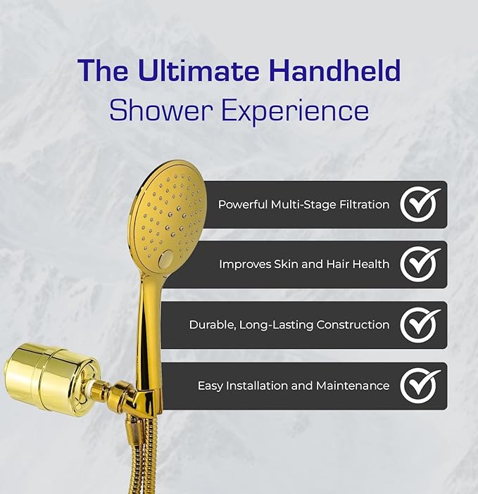 Crystal Quest Luxury Handheld Shower Power Filtration System - Gold - BPA Free | 1.25-2.5 GPM | Reversible Cartridge | Great for Dechlorination