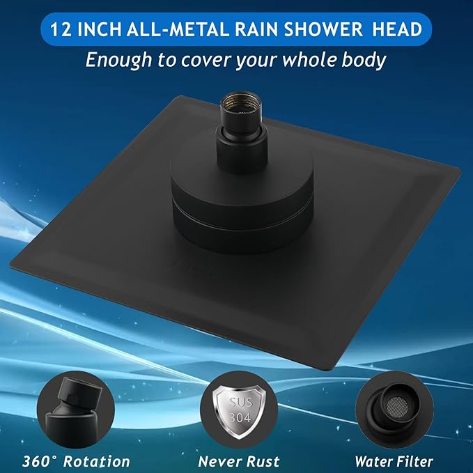 Voolan Rain Shower Head with Filtered - High Flow Large Rainfall Shower Heads Made of Stainless Steel - Waterfall Showerhead Filter For Hard Water(12" Matte Black)