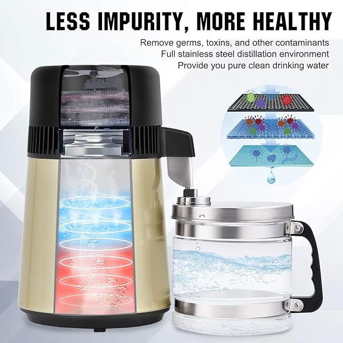 DC HOUSE Upgrade Water Distiller, 304 Stainless Steel 1 Gallon Distilled Water Maker Machine for Home Countertop Table Desktop, 750W 4L Making Machine with On Off Switch, Glass Container
