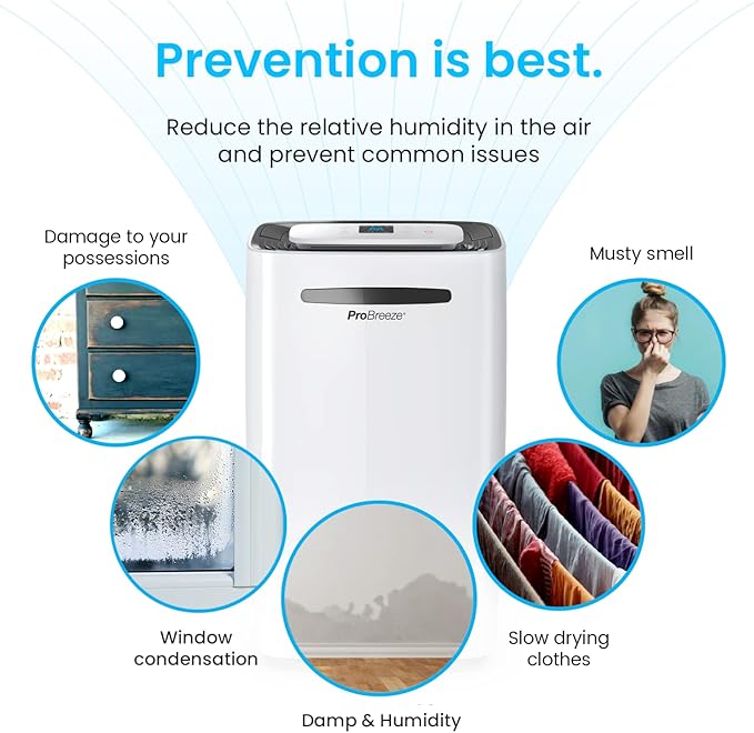 Pro Breeze 50 Pint Dehumidifier - 3,500 4,000 Sq Ft Dehumidifiers for Home Large Room Basements with Humidity Sensor, Auto Shut Off, Continuous Drainage Hose, Removes Moisture, Ideal for Basement
