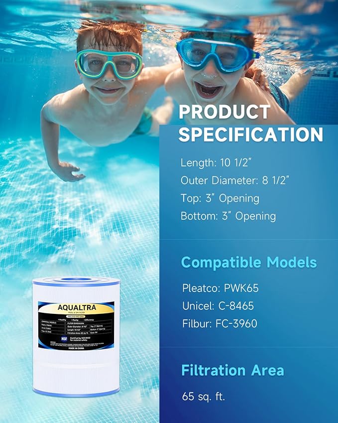 AQUALTRA Hot Tub Filter Compatible with C8465, PWK65, Watkins 31114, FC-3960, 71827, 71828, 65 sq.ft. 8 1/2”x 10 1/2” Drop in Spa Filter 2 Pack