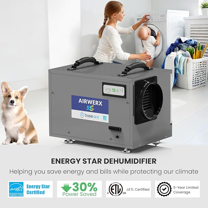 BaseAire 120 Pints Crawl Space Dehumidifier with Drain Hose, Energy Star Dehumidifier for Commercial, Home and Basement, Compact, Auto Defrost, Intelligent Control, Auto Restart, Up to 1300 Sq Ft