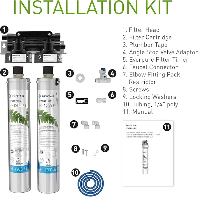 Pentair Everpure H-1200 Drinking Water System, EV928200, NSF Certified to Reduce Lead & PFOA/PFOS, Dual Cartridge System with Filter Head, Cartridges and Hardware, 1,000 Gallon Capacity, 0.5 Micron