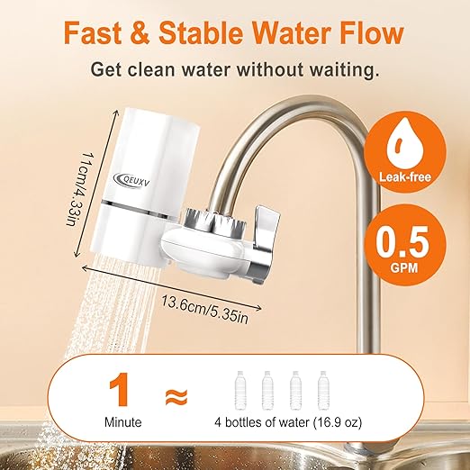 Water Filter for Sink Faucet with Universal Adapter, Removes 99% of Lead, 800 Gal Tap Water Filter System for Kitchen Sink, Reduce Chlorine, 1 Washable Durable Ceramic Filter