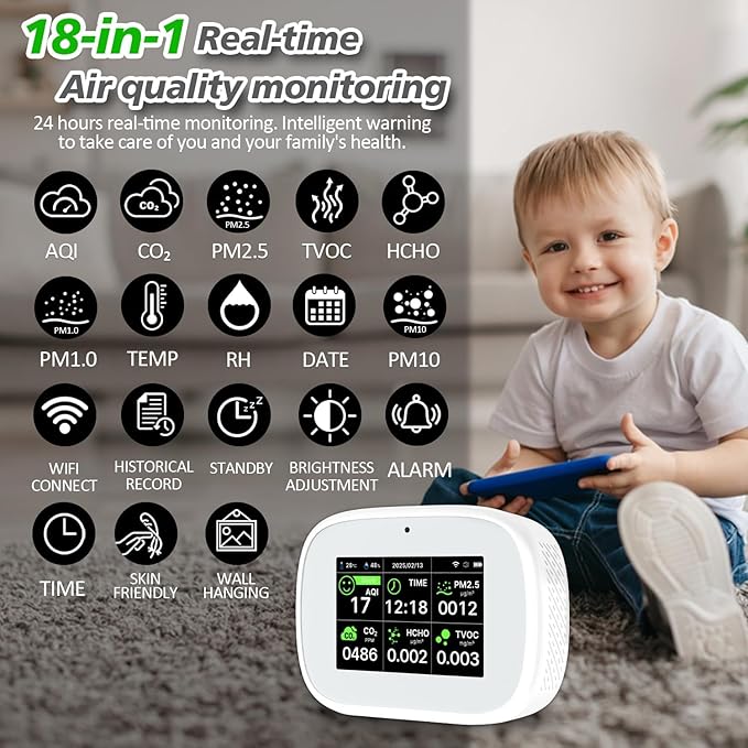 18-in-1 Smart Air Quality Monitor - Indoor WiFi Air Quality Detector with Dual Chip, Real-Time for AQI, CO2, PM2.5, PM1.0, PM10, TVOC, HCHO, Time Display, Temperature & Humidity with APP (White-Black)