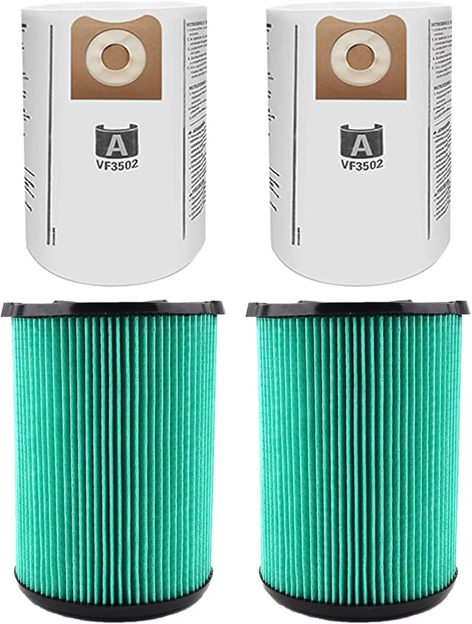 2 Pack VF6000 5-Layer Replacement Filter for Ridgid 5-20 Gallon Wet Dry Vacuums,2 Pack VF3502 Replacement Vacuum Bags Compatible with Ridgid Wet/Dry Vacuum 12-16 Gallon