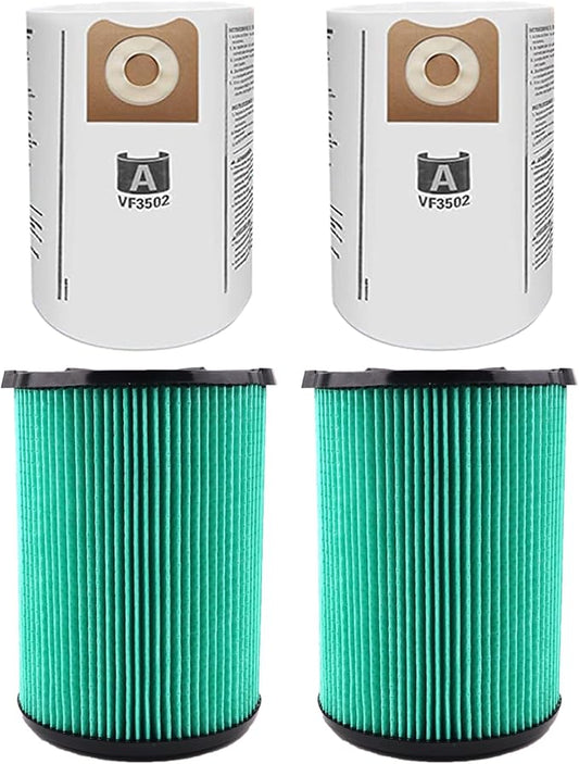 2 Pack VF6000 5-Layer Replacement Filter for Ridgid 5-20 Gallon Wet Dry Vacuums,2 Pack VF3502 Replacement Vacuum Bags Compatible with Ridgid Wet/Dry Vacuum 12-16 Gallon
