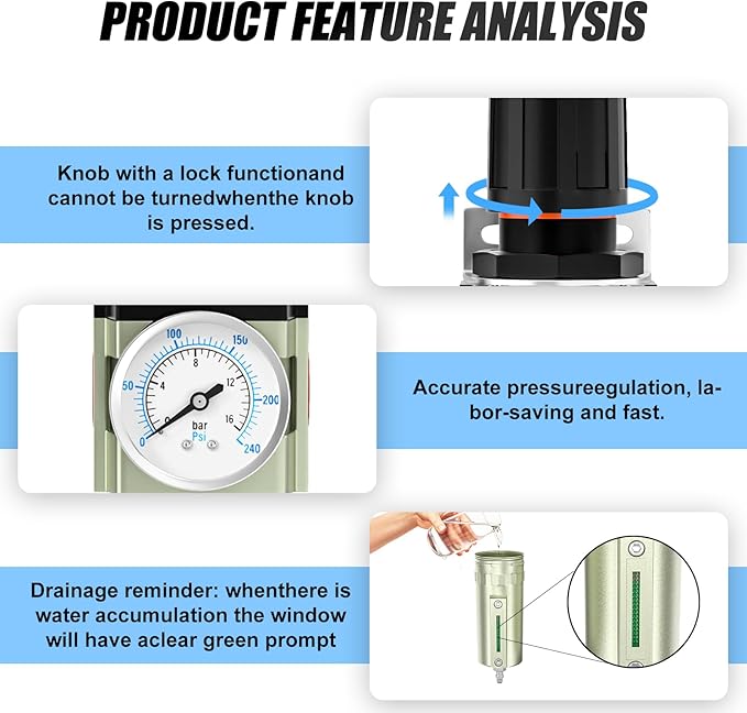 3/4" NPT Heavy Duty Industrial Grade Air Compressor Moisture Filter, Manual Drain, Particulate Filter and Air Regulator For Plasma Cutter and Paint Spray