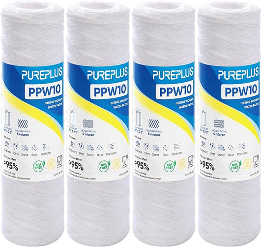 PUREPLUS 5 Micron 10"x2.5" Whole House String Wound Sediment Filter for Well Water, Replacement Cartridge for Universal 10 inch RO System, WP-5, Aqua-Pure AP110, CFS110, Culligan P5, WFPFC4002, 4Pack