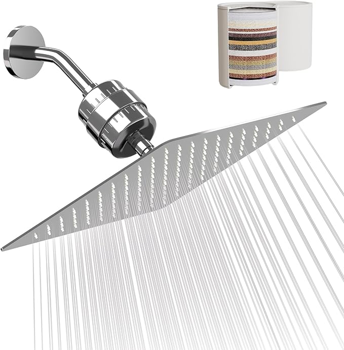 Filtered Shower Head with 20-Stage Shower Filter,Two Replacement Filter Cartridges,Rain Shower head High Pressure for Removing Chlorine and Harmful Substances(10 Inch, Chrome Finish)
