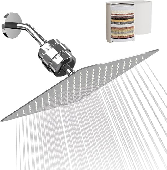 Filtered Shower Head with 20-Stage Shower Filter,Two Replacement Filter Cartridges,Rain Shower head High Pressure for Removing Chlorine and Harmful Substances(10 Inch, Chrome Finish)