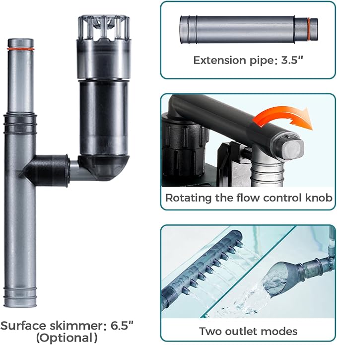 180GPH Hand on Filter for Aquariums，20-40 Gallon，Silent Multi-Stage Filtration for Fish Tank，Or Ultra-Low Water Level Turtle Tank，Increase Water Flow and Oxygen Power Filter