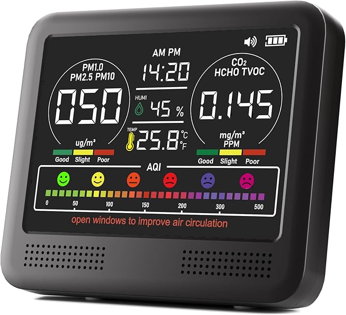 16-in-1 Indoor Air Quality Monitor with PM1.0,PM2.5,PM10,CO2,HCHO,TVOC,Temperature,Humidity,Time Display &7 AQI Alarms – Professional Air Quality Tester for Home, Office & Indoor Use (Jet Black)