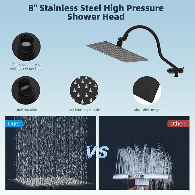 Hibbent All Metal Shower Head, 8'' High Pressure Rainfall Shower Head, Handheld Showerhead Combo with 12'' Adjustable Curved Extension Arm, 10-Spray, 71'' Hose, Adhesive Showerhead Holder, Matte Black