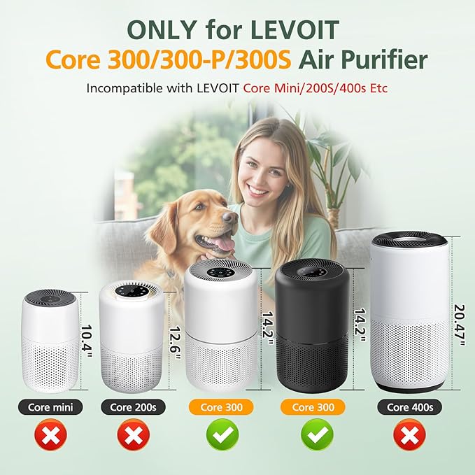 Core 300 Replacement Filter for LEVOIT Core 300 Core300-P Core 300S Core 300S/P VortexAir Air Purifier, Core 300-RF, 3-in-1 HEPA Activated Carbon, 2 Pack, White, Core 300-P